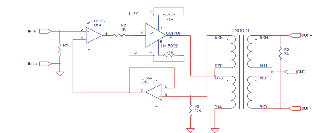 Audio amplifier circuit using transformer feedback with a CineMag CMOQ-1L output transformer and operational amplifiers.